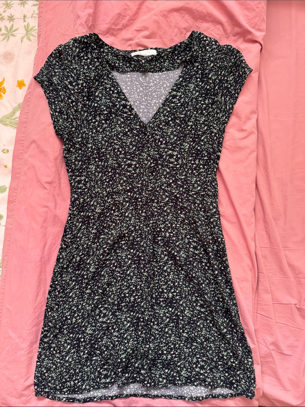 Frank & Oak Black Mini Dress with Mint Floral Print